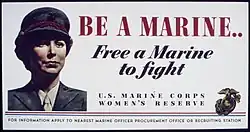 A photograph of a woman marine pictured on a U.S. Marine Corps recruiting poster during the Second World War