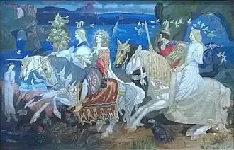 A painting of four figures riding atop their horses