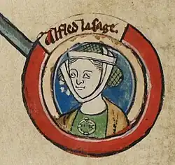 Medieval miniature of Æthelflæd in Genealogical roll of the kings of England.