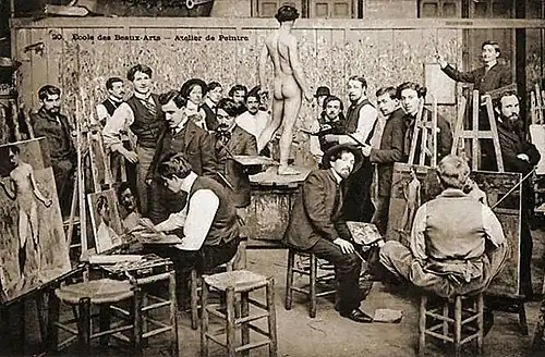 Male model posing at the École des Beaux-Arts in the 19th century. Women artists were excluded from the life room until late in that century.
