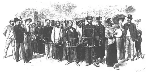 Angklung players in West Java by French illustrator Émile Bayard (1837–1891).