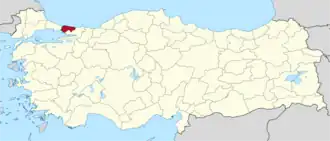 Istanbul (I) highlighted in red on a beige political map of Turkeym