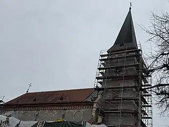 Bell tower under scaffolding