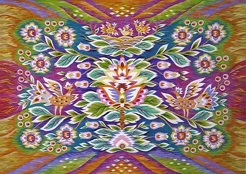 A carpet with a colorful floral ornament