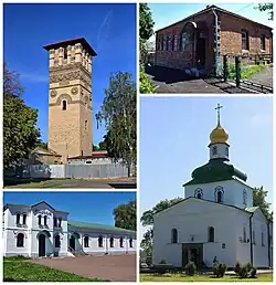 Clockwise from top left: Water tower, Museum of History and Local Lore, Cathedral of the Nativity of the Theotokos, Railway station