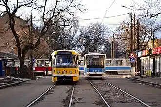 Trams at the intersection of Sinna and Dekabristov streets near the Central Control Point