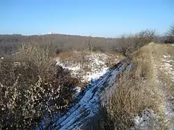 The western scarp and adjoining hill, where an ancient entrance was situated according to some works[13] (2016).