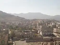 Jabal An-Nabi Shu'ayb is behind the mountain in the background, facing west of southern Sanaa City