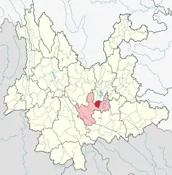 Location of Hongta District (red) and Yuxi Prefecture (pink) within Yunnan province of China