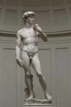 David; by Michelangelo; 1501–1504; marble; 517 cm × 199 cm; Galleria dell'Accademia (Florence)