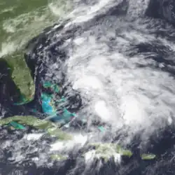 A satellite image of a tropical depression just to the northeast of the Bahamas