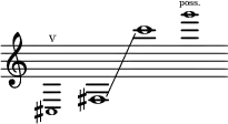 {
\new Staff \with { \remove "Time_signature_engraver" }
\clef treble \key c \major \cadenzaOn
\tweak font-size #-2 cis1 \finger \markup \text "V"
fis1 \glissando c'''1
\tweak font-size #-2 g'''1 \finger \markup \text "poss."
}