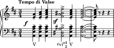 {
      \new PianoStaff <<
        \new Staff <<
            \relative c' {
                \tempo "Tempo di Valse"
                \key d \major \time 3/4
                \override DynamicText.X-offset = #-4
                \once \override DynamicLineSpanner.staff-padding = #3
                <e a>4--\f <e a cis>-- <e a cis e>-- <fis a bis fis'>2->\sf <e a cis e>4-- <e a cis e>2.~ <e a cis e>8 r r4 r
                }
            >>
        \new Staff <<
            \new Voice \relative c {
                \clef F \key d \major \time 3/4
                <a e' a cis>4--_\markup { \concat { "V" \hspace #10 "♯vi" \raise #1 \small "o" \combine \raise #1 \small 4 \lower #1 \small 2 \hspace #1 "V" } } <a e' a cis>-- <a e' a cis>-- <a dis a' bis>2-> <a e' a cis>4-- <a e' a cis>2.~ <a e' a cis>8 r r4 r
                }
            >>
    >> }