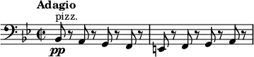\relative c {
\new Staff {
\set Staff.midiInstrument = #"pizzicato strings" \key bes \major \clef bass \time 2/2 \set Score.tempoHideNote = ##t \tempo "Adagio" 2 = 20
bes8 \pp ^"pizz." r8 a8 r8 g8 r8 f8 r8 |
e8 r8 f8 r8 g8 r8 a8 r8 |
}
}