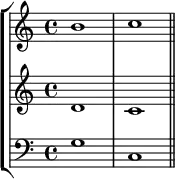{ << \new StaffGroup <<
        \new Staff <<
            \clef treble \time 4/4
            \relative c'' {
                \clef treble \time 4/4
                b1 c
                }
            >>
        \new Staff <<
            \clef treble \time 4/4
            \relative c' {
                d1 c
                }
            >>
        \new Staff <<
            \clef bass \time 4/4
            \relative c' {
                g1 c, \bar "||"
                }
            >>
    >>
>> }
