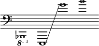 {
      \new Staff \with { \remove "Time_signature_engraver" }
      \clef bass \key c \major \cadenzaOn
      \ottava #-1 \tweak font-size #-2 bes,,,1
      \ottava #0 e,,1 \glissando g'1
      \tweak font-size #-2 b'1
    }