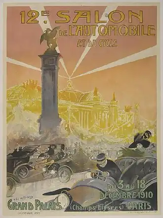Reproduction of a French poster. The background image is of a large building. There is an obelisk with a bronze statue of a horse in the middle ground. The foreground shows a number of automobiles with their drivers and passengers. At the bottom of the poster there is some additional text: "du 3 au 18 Decembre 1910" and "Grand Palais (Champs Elysees) Paris".