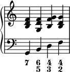 {
     \override Score.TimeSignature #'stencil = ##f
      \new PianoStaff <<
        \new Staff <<
            \relative c' {
                \clef treble \time 4/4
                <b d f>4 <g d' f> <b f' g > <b d g>
                }
            >>
        \new Staff <<
           \relative c {
                \clef bass \time 4/4
                g4 b d f
                }
  \figures {
    <7>4 <6 5> <4 3> <4 2>
  }
            >>
    >> }