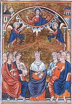 Unknown French miniaturist, Pentecost from the Ingeborg Psalter (c. 1195), Musée Condé, Chantilly. (Ms. 9 fol. 32v.)[30]