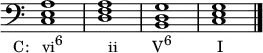 {
\override Score.TimeSignature #'stencil = ##f
\relative c {
  \clef bass
  \time 4/4
  <c e a>1_\markup { \concat { \translate #'(-4 . 0) { "C:   vi" \raise #1 \small "6" \hspace #6.5 "ii" \hspace #5 "V" \raise #1 \small "6" \hspace #6.5 "I" } } }
  <d f a> <b d g> <c e g> \bar "|."
} }