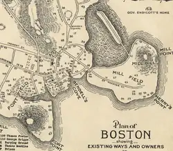 Detail of map of Boston showing Bendell's Cove in 1635 (which later became Town Dock and Dock Square, c. 1708)[13]