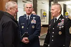 Vice Chairman of the Joint Chiefs of Staff General Selva greeted Secretary of Defense James Mattis with Senior Enlisted Advisor to the Chairman of the Joint Chiefs of Staff Sergeant Major John W. Troxell at The Pentagon on 20 January 2017