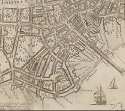 Detail of 1743 map of Boston, showing Long Lane and vicinity