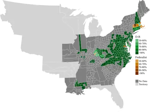 Map of presidential election results by county, shaded according to winning party's percentage of the vote