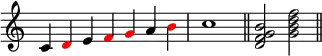 {
\override Score.TimeSignature #'stencil = ##f
\relative c' { 
  \clef treble 
  \time 7/4 c4 \once \override NoteHead.color = #red d e \once \override NoteHead.color = #red f \once \override NoteHead.color = #red g a \once \override NoteHead.color = #red b \time 4/4 c1 \bar "||"
  \time 4/4 <d, f g b>2 <g b d f> \bar "||"
} }