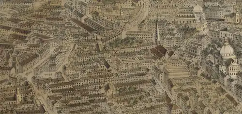 Overview of Temple Street, 1870. Beacon Hill Reservoir (at right), West Church (at left)