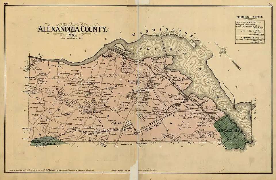 1878 map of Alexandria County illustrating its three districts and separation from Alexandria