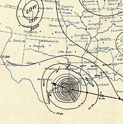 A weather map showing the storm near Texas. Tight contour rings pressure are close to the center, indicating an intense hurricane