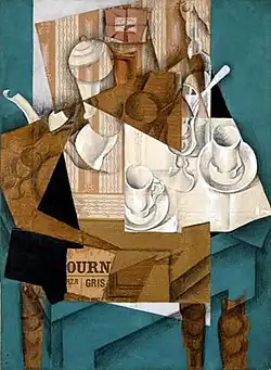 Breakfast; by Juan Gris; 1914; gouache, oil and crayon on cut-and-pasted printed paper on canvas; 80.9 x 59.7 cm; Museum of Modern Art (New York City)[269]