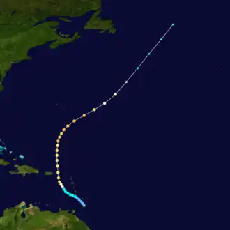 Map of the western Atlantic depicting the track of the hurricane