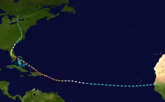 A map depicting the path of the hurricane. There are dots along the line, each representing the storm's position and intensity at six-hour intervals, with colors based on the categories of the Saffir–Simpson scale