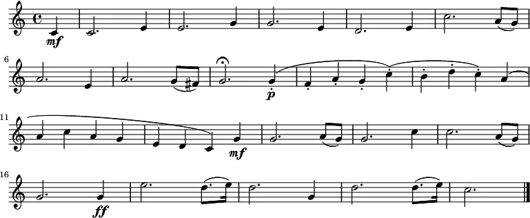 \relative c' {
    \key c \major \time 4/4
    \partial 4 c\mf
     c2. e4 e2. g4 g2. e4 d2. e4 c'2. a8( g) \bar "|" \break
     a2. e4 a2. g8( fis) g2.\fermata g4-.\p( f-. a-. g-. c-.)( b-. d-. c-.) a( \bar "|" \break
     a c a g e d c) g'\mf g2. a8( g) g2. c4 c2. a8( g) \bar "|" \break
     g2. g4\ff e'2. d8.( e16) d2. g,4 d'2. d8.( e16) c2. \bar "|."}