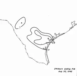 Black and white contoured map of precipitation, with contours representing 3 in (76 mm) intervals in rainfall.