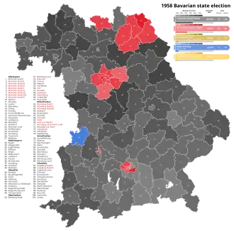 1958 Bavarian state election, Black is CSU, Red is SPD, Light blue is Bavaria Party