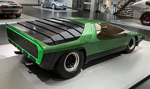 Rear side view of the Carabo at the Alfa Romeo Museum