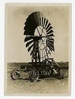 A wind engine applied unusually, to power a plow, in Texas