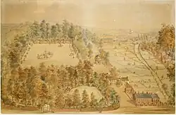 Bird's-eye view of gardens, in watercolour