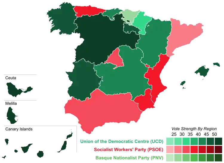 Map of Spain showcasing winning party's strength by autonomous community