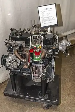 1990 GM Iron Duke engine with parts cut away to reveal the inner arrangement