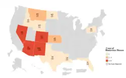 A map showing HPS cases in the US in 1993 by state and territory