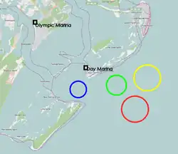 Black: Marinas, Blue: Alpha course, Green: Bravo course, Yellow: Charly course, Red: Delta course
