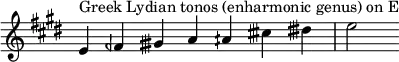 {
\key e \major
\override Score.TimeSignature #'stencil = ##f
\relative c' { 
  \clef treble \time 7/4
  e4^\markup { Greek Lydian tonos (enharmonic genus) on E } feh gisih a aih cisih disih e2
} }