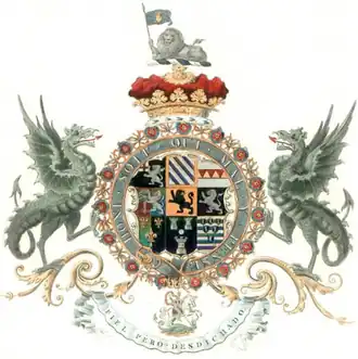 The arms of John Churchill, 1st Duke of Marlborough, are encircled by both the Garter and the collar.