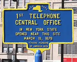 Image 30Historical marker commemorating the first telephone central office in New York State (1878) (from History of the telephone)