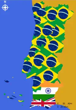 Largest immigrant population by district. Brazilians plus Venezuelans in Madeira, Britons in Algarve and Indians in Beja