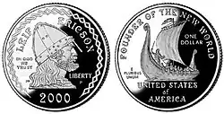 A 'Leif Ericson' proof dollar from the United States, minted in 2000. It reads 'Founder of the New World'